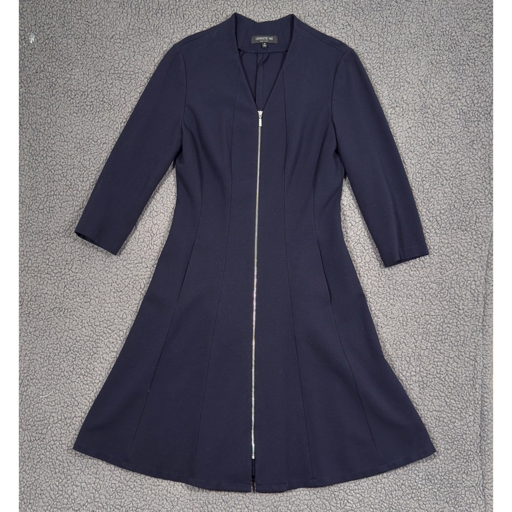 Lafayette 148 New York Navy Blue Full Zip Fit Flare Dress Pockets 4 Long Sleeve